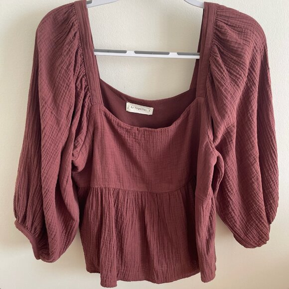 By Together Crinkled Burgundy Peasant Blouse - Picture 1 of 4